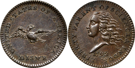 1792 Disme. Judd-10. Rarity-6+. Copper. AU58+ BN (PCGS).